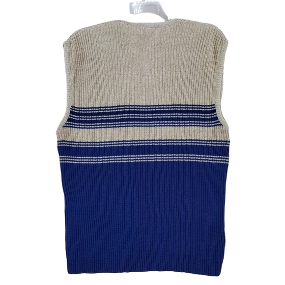Vtg 90s Van Heusen Vest Dad Pullover Beige Blue Striped Linen Cotton Men L NWT - Picture 6 of 15